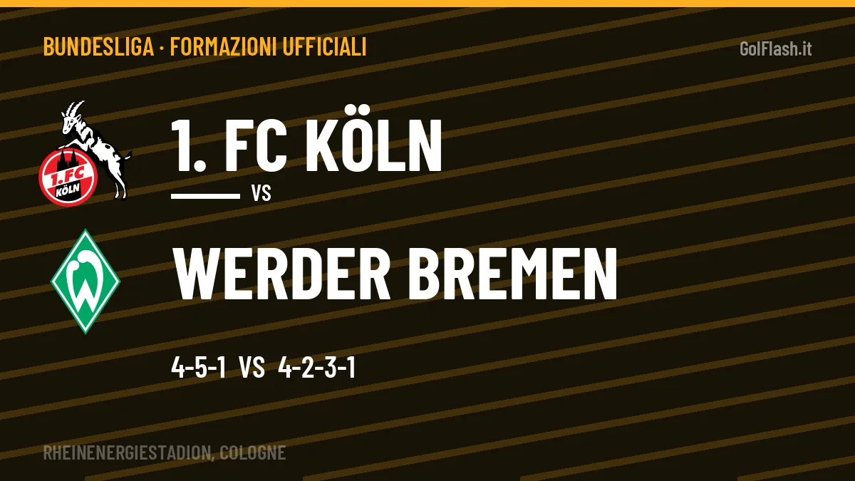 Le formazioni ufficiali di 1. FC Köln-Werder Bremen: 4-5-1 contro 4-2-3-1