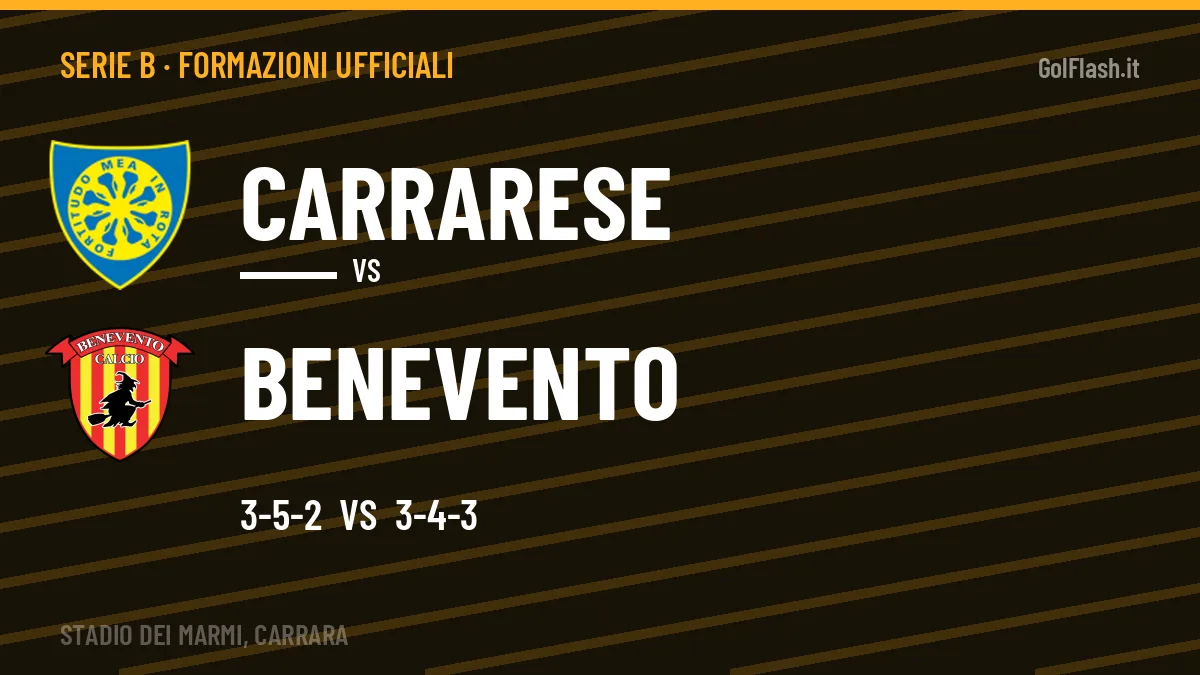 Le formazioni ufficiali di Carrarese-Benevento: Flores risponde col 3-4-3