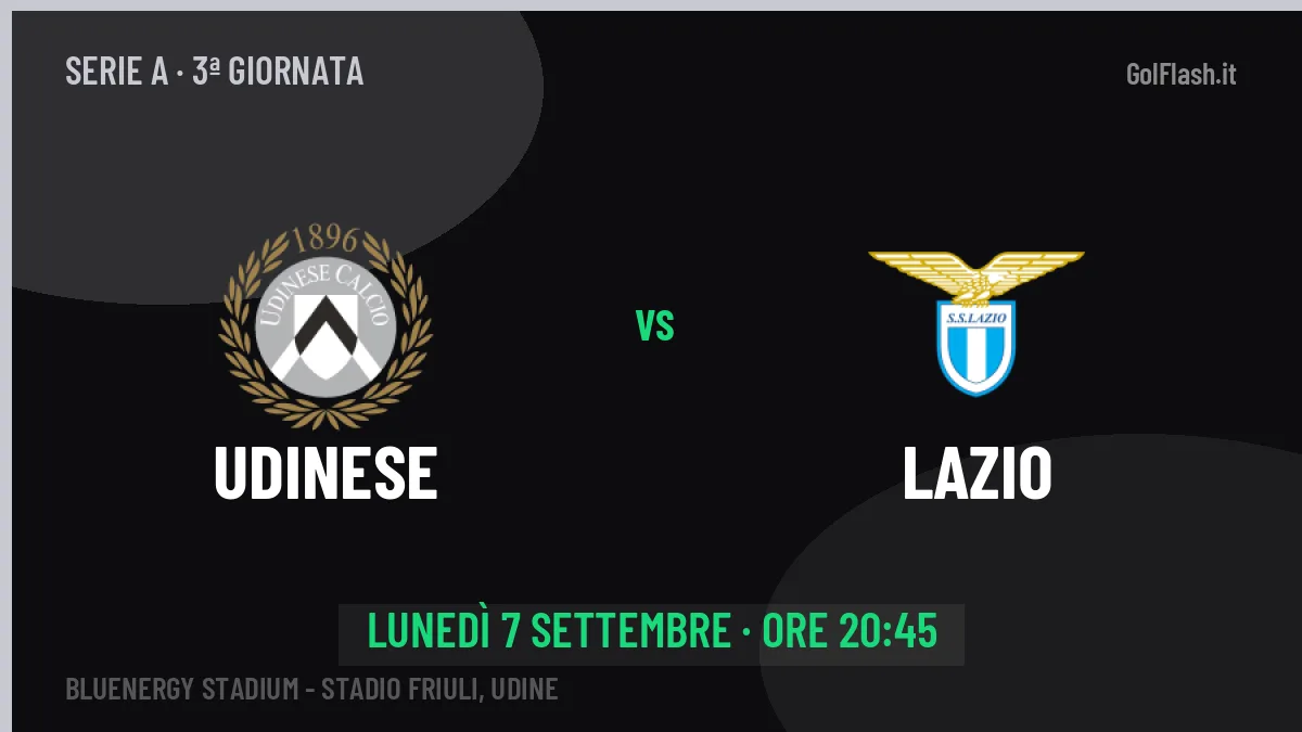Udinese-Lazio Serie A 3ª giornata: orario, TV, streaming e probabili formazioni
