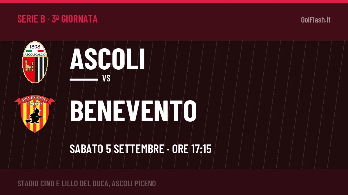 Ascoli-Benevento Serie B 3ª giornata: orario, TV, streaming e probabili formazioni
