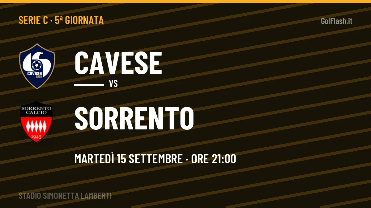 Cavese-Sorrento (mar 15/09 ore 21:00): probabili formazioni, statistiche e quote