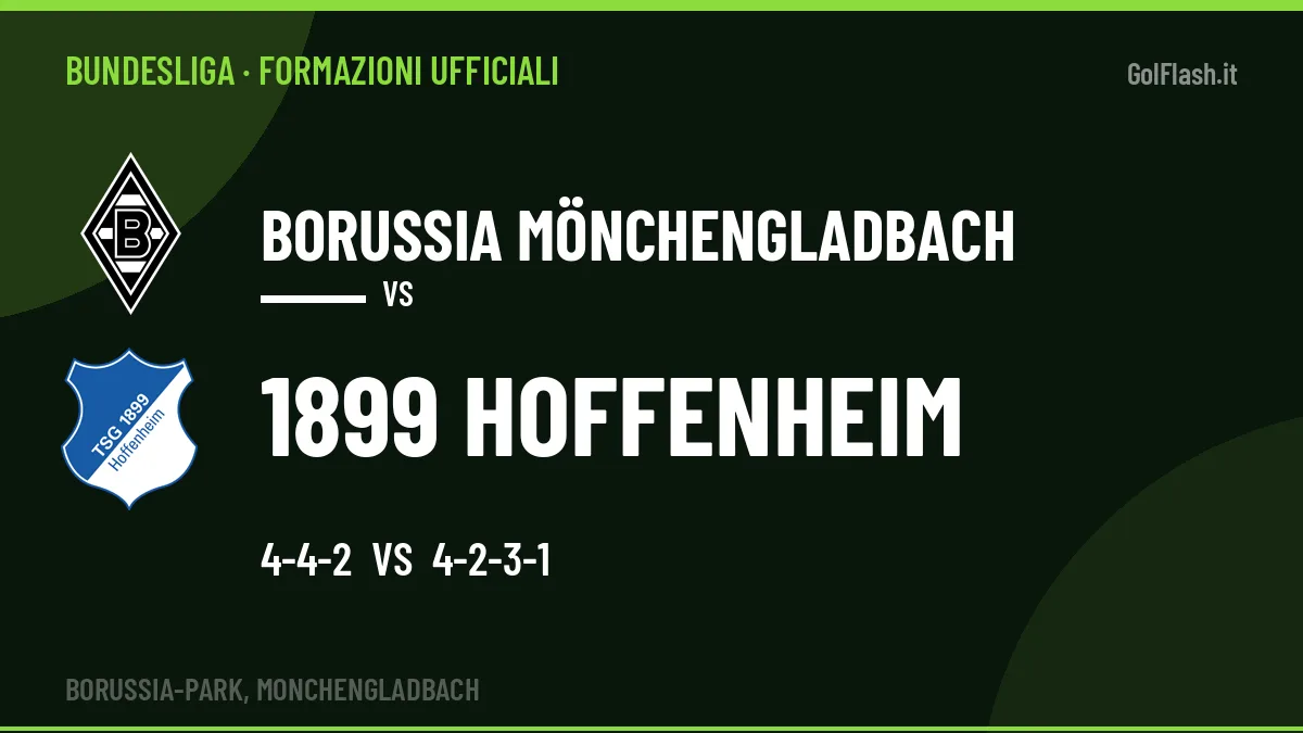Le formazioni ufficiali di Borussia Mönchengladbach-1899 Hoffenheim: 4-4-2 contro 4-2-3-1