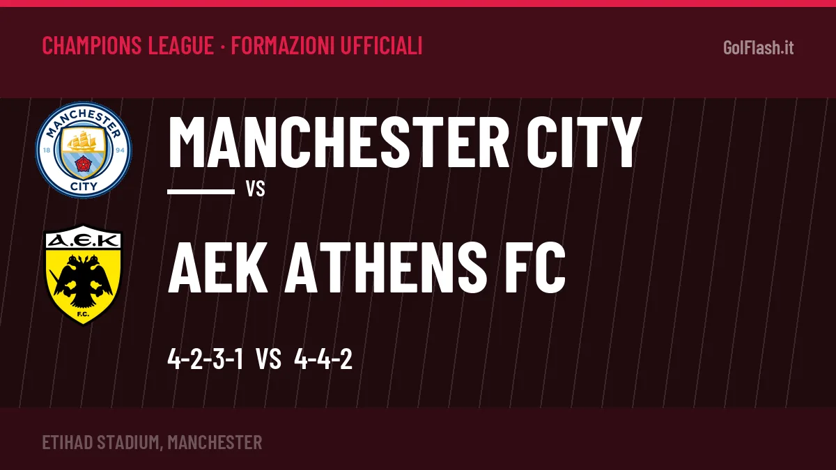 Le formazioni ufficiali di Manchester City-AEK Athens FC: 4-2-3-1 contro 4-4-2