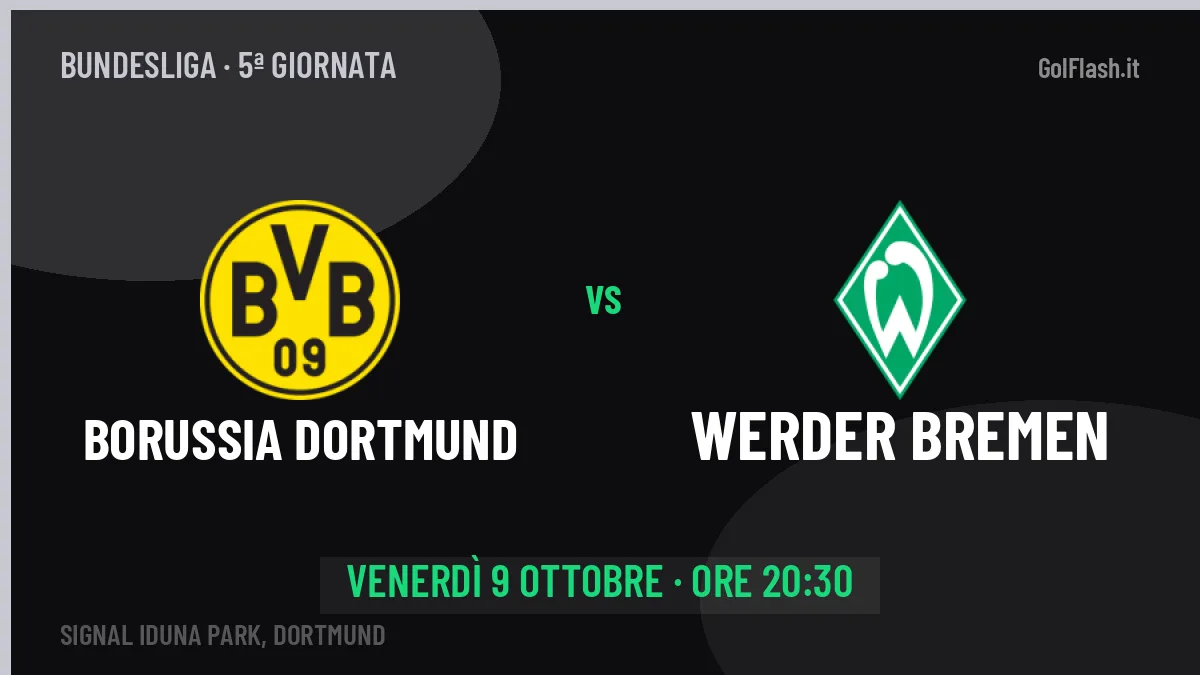 Borussia Dortmund-Werder Bremen (ven 09/10 ore 20:30): probabili formazioni, statistiche e quote