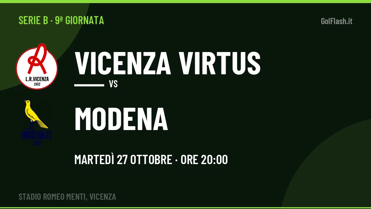 Vicenza Virtus-Modena Serie B 9ª giornata: orario, TV, streaming e probabili formazioni